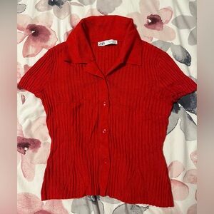 Zara Women's Red Button Down Ribbed Shirt